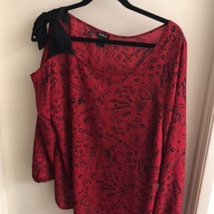 torrid Red Printed One-Shoulder Blouse with Black Bow